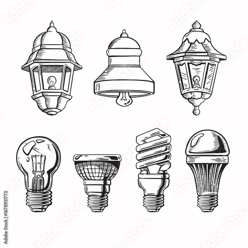 Set of lamps lighting sketch monochrome vector
