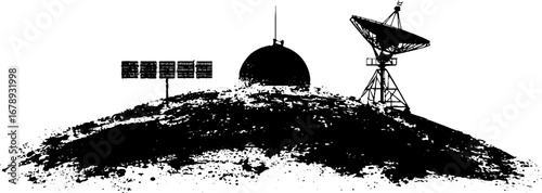 Black and white stencil set of giant satellite and antenna on hilltop for urban design