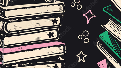 Illustration of a stack of books with stars and circles on a dark background in a cartoon style