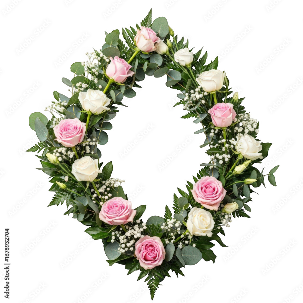 Fototapeta premium Diamond shaped funeral wreath with pink and white roses isolated on transparent background