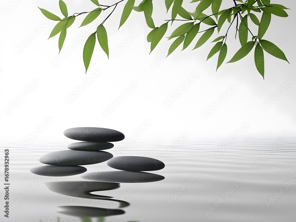 Naklejka premium Serene Zen Stones Water Leaves Minimalist Spa Background