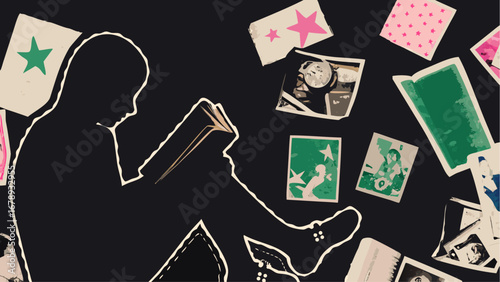 Silhouette of a person reading a book surrounded by scattered photographs and star decorated cards on dark background