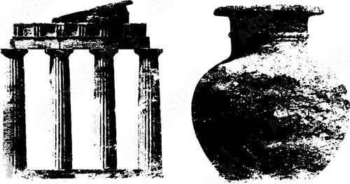 Black and white greek stencil illustration set featuring ancient architecture and pottery