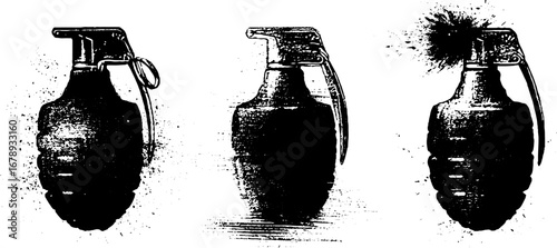Grunge grenade stencil set in black and white for urban art designs