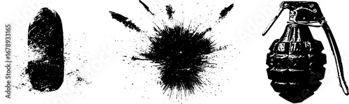 Grunge black and white stencil set with grenade and ink splatter designs for urban art