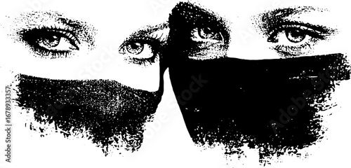 Black and white stencil art set featuring eyes with masks for urban decor and design projects