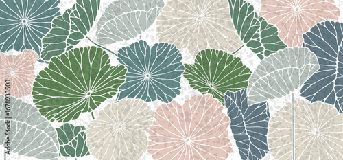 Exotic plants poster. Horizontal banner with water lily or lotus leaves. Abstract botanical background.