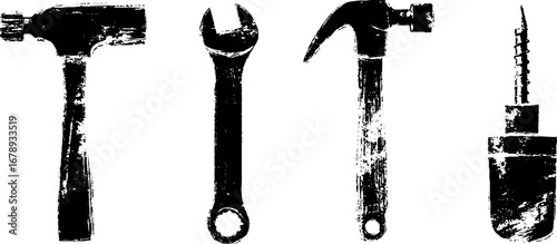 Black and white grunge tool set for repair and construction designs