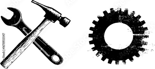 Black and white stencil illustration set with hammer, wrench, and gear for design projects