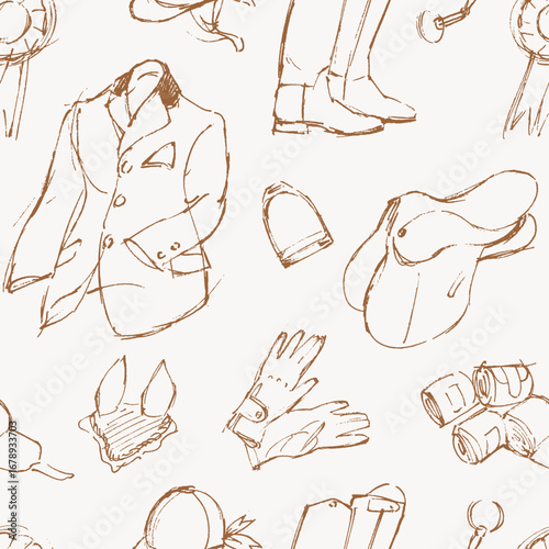 Equestrian seamless pattern, drawings of horse sport clothing and accessories, vector background