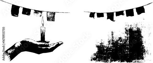 Black and white stencil art of hand holding candle and prayer flags for spiritual and decorative design