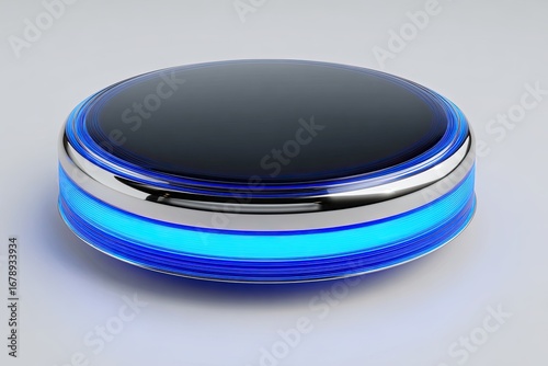 Circular, glowing, dark blue button.  Shiny, chrome accents