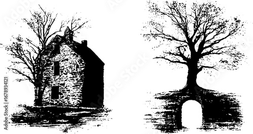 Haunting black and white stencil set featuring abandoned house and tree