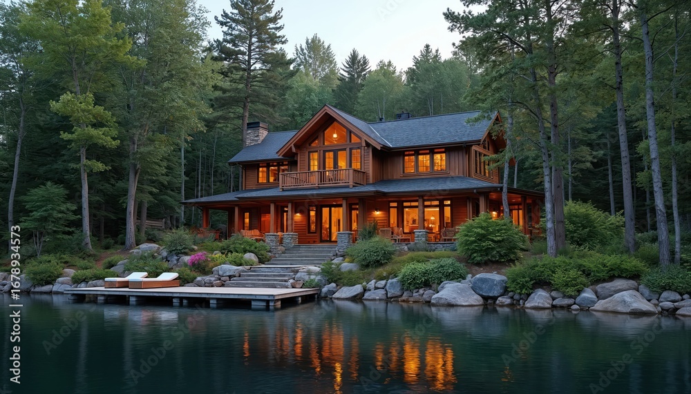 Fototapeta premium Luxury lakefront lodge retreat nestled in pristine forest on Lake Superior. Contemporary north woods estate features timber construction, expansive glass, private dock. Nordic design influences,