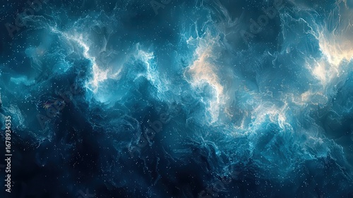 Dynamic cosmic waves in dep blue hues, capturing theessence of the universes eergy and mystery, perfect or science, technology, orabstract art themes.