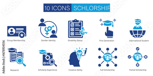 Set of 10 scholarship icons featuring group membership, gender identity, disability status, first generation, international student, research, scholarly experience, creativity, full and partial aid