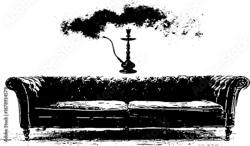 Black and white hookah stencil with smoke on vintage sofa for artistic design