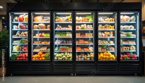 Commercial display refrigerators variety of fresh produce, meats, dairy, baked goods. Multiple glass doors reveal neatly organized shelves stocked with colorful fruits, vegetables, packaged foods,