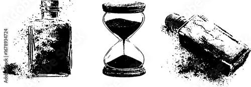 Black and white stencil set featuring hourglass and bottles for vintage grunge designs
