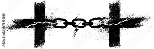 Black and white stencil of broken chains with grunge texture