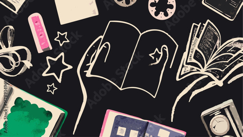 Overhead shot of books, stars, eraser, and other stationery items on a dark background, flat lay