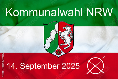 Grafik mit der Flagge von Nordrhein-Westfalen mit Text KOMMUNALWAHL NRW 14. SEPTEMBER 2025