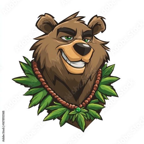 Gentle bear mascot with a big smile, cartoon  art, green cannabis leaf necklace, confident but kind