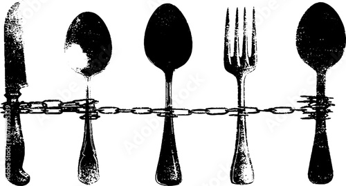 Monochrome cutlery stencil illustration set featuring knife and chain design