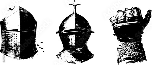 Medieval knight helmet and gauntlet stencil collection in black and white for urban art designs
