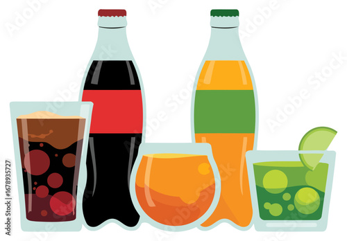 Classic Soda Bottles with Refreshing Drinks in Glasses for E-Commerce Promotions