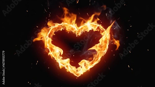 Heart shape formed by intense fire flames glowing on black background, symbolizing passion and strong emotion.