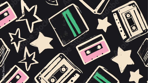 Illustration showing a pattern of cassette tapes and stars on a dark background in a retro style design