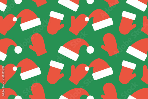 Festive holiday pattern of red Santa hats and mittens on a vibrant green background
