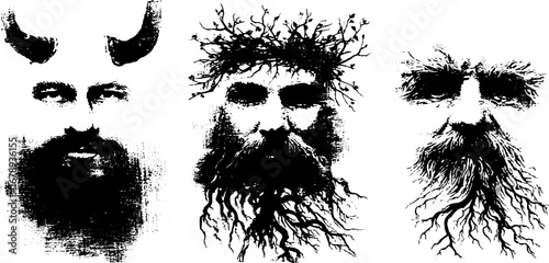 Mythical leshi faces stencil collection in black and white for artistic design