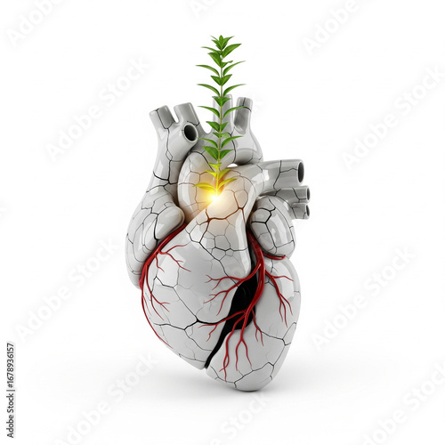 An anatomically correct heart made of cracked porcelain, with a small, glowing plant growing from the center, against a pure white background, shadowless, 4k.