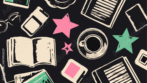 Whimsical study scene with books coffee glasses and stars in a painterly artistic style design element