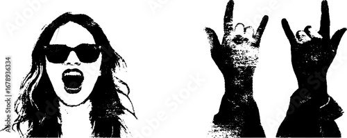 Black and white stencil set featuring expressive woman and rock hand gestures for urban design