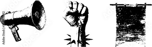 Black and white stencil set featuring loudspeaker, raised fist, and blank banner for urban art design