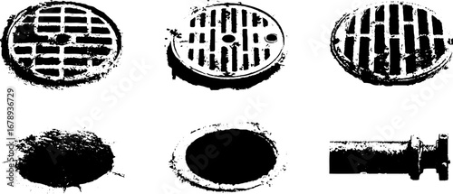 Urban infrastructure stencil set: manhole covers and pipes in black and white design for street art