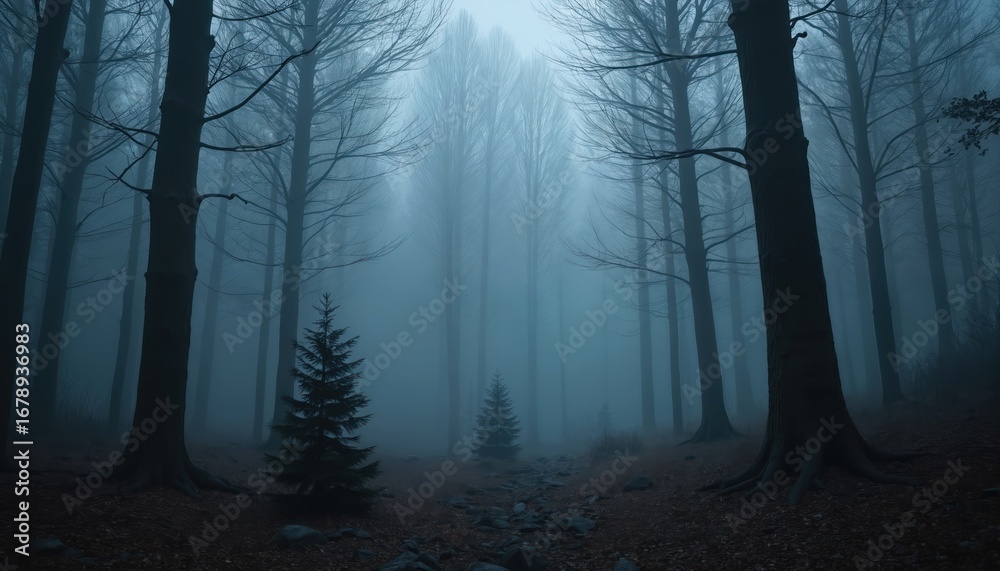 Obraz premium Dark cold forest scene with bare trees shrouded in fog. Rocky path leads through woods, creating mysterious, eerie atmosphere. Misty conditions suggest autumn winter weather, evoking feelings of