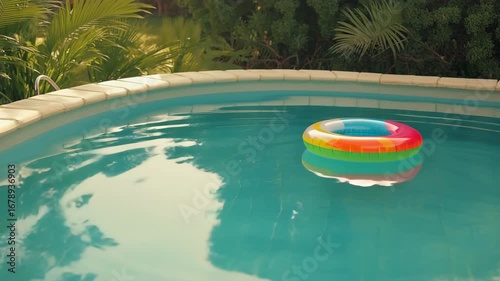 Colorful inflatable ring floating on still water in backyard swimming pool surrounded by plants, evoking summer rest.