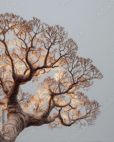 Close-up view of a stylized bonsai tree.  Branches intricately detailed, lit from within