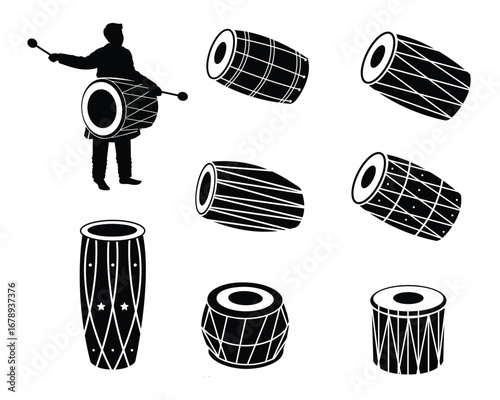 dhol drum dholchi set collection pack bundle black shape icon silhouette vector flat illustration design on white background