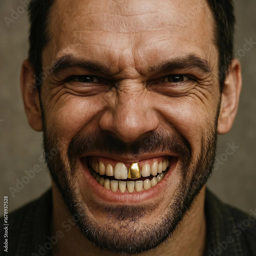 A smiling man with a gold tooth displays confidence and a great attitude.