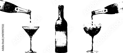Black and white stencil set of martini glasses and bottle for vintage urban design