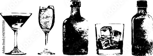 Black and white stencil set of martini and bottles for bar and beverage design