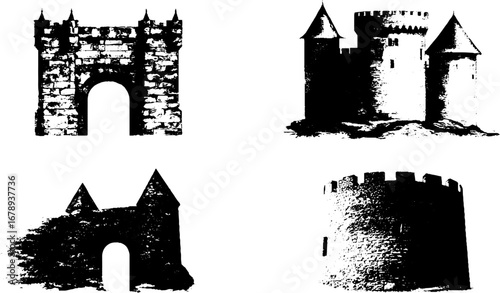 Medieval castle stencil collection in black and white for art and design projects