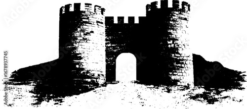 Medieval fortress stencil silhouette in black and white for artwork and design