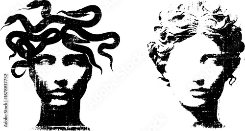 Mythical medusa and classic bust stencil collection in black and white for urban art and design