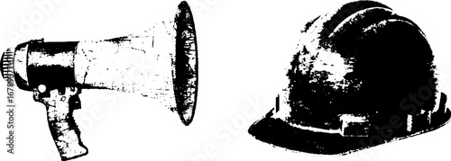 Stencil black and white set featuring megaphone and hard hat design for urban themes